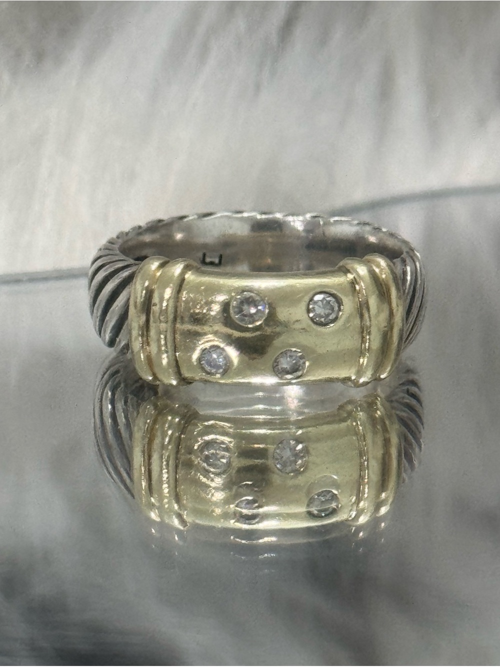 David Yurman .925 14K Gold Four (4) Diamond Metro Cable Ring Sz 6